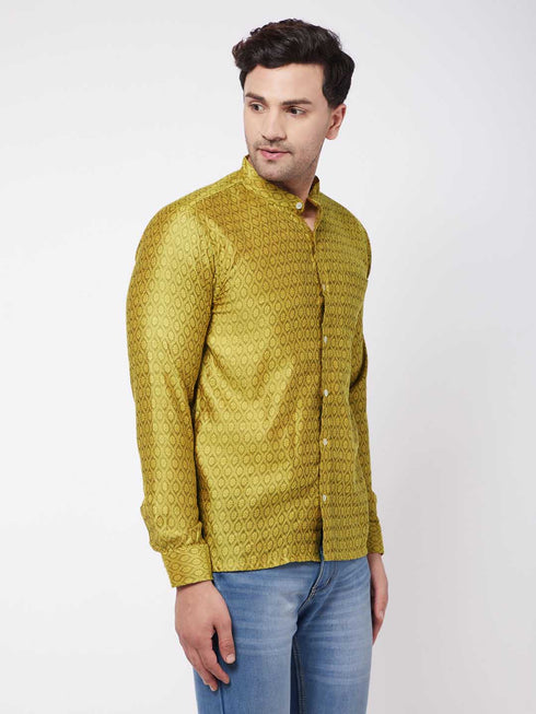 Men's Yellow Silk Blend Ethnic Shirt